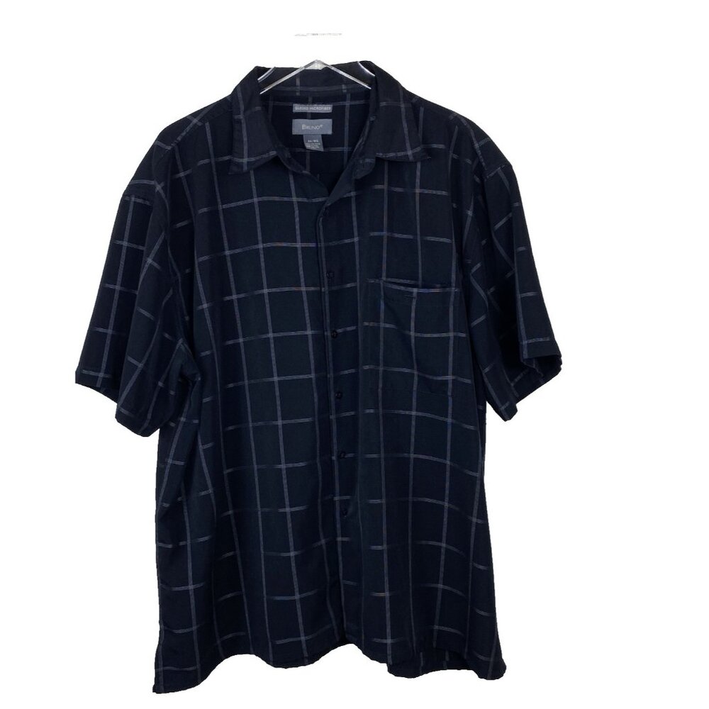 Bruno Mens 2X Big XXL Black Plaid Short Sleeve Button Up Shirt Sueded Microfiber